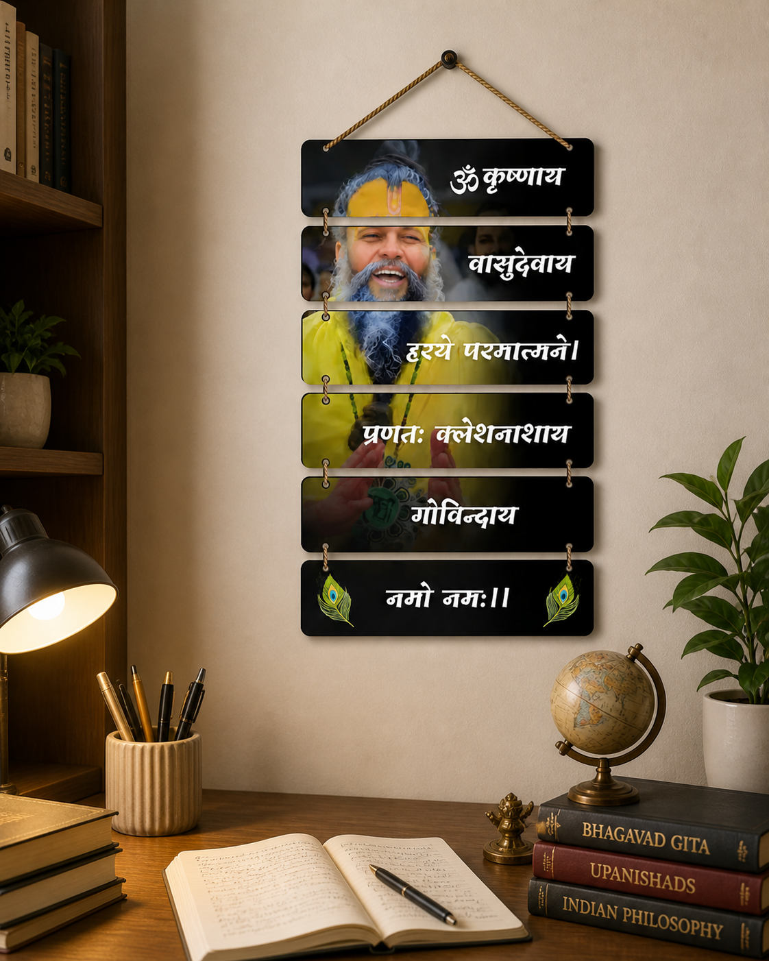 Krishna Mantra Wall Hanging | Om Krishnaya Vaasudevaya Decor | Spiritual Multi-Panel Hanging Frame for Home & Study