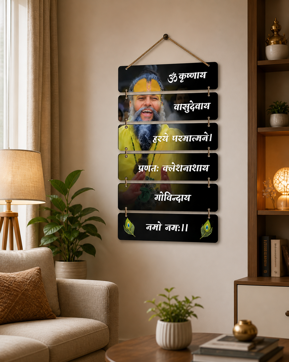 Krishna Mantra Wall Hanging | Om Krishnaya Vaasudevaya Decor | Spiritual Multi-Panel Hanging Frame for Home & Study