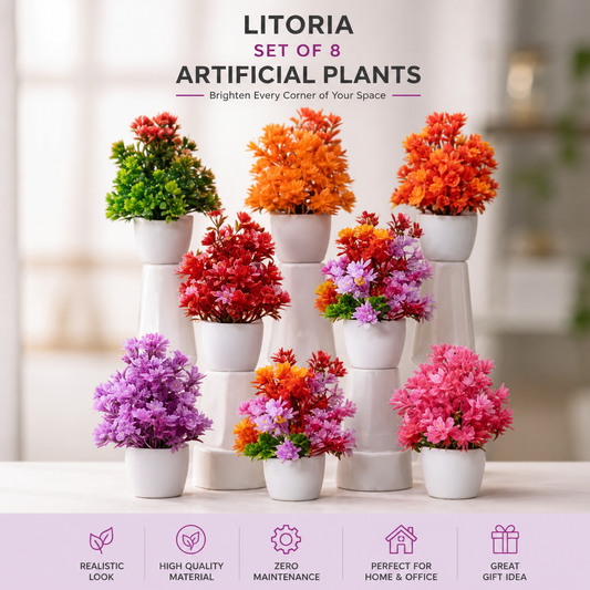 Litoria Artificial Plants Set of 8 – Colorful Mini Decorative Flower Pots for Home & Office